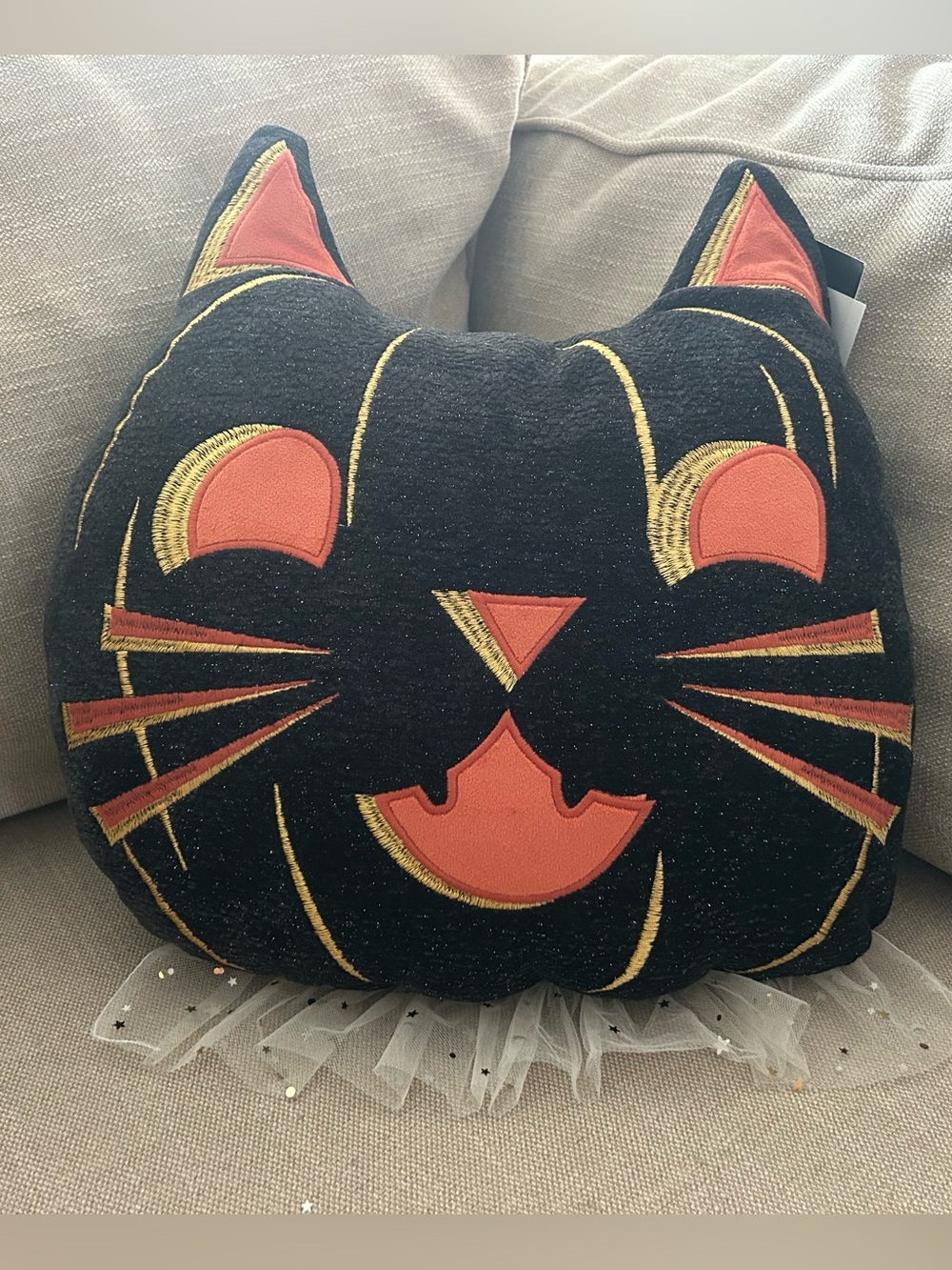 “New” Cynthia Rowley Black Cat Accent Pillow with Orange and Gold Embroidery